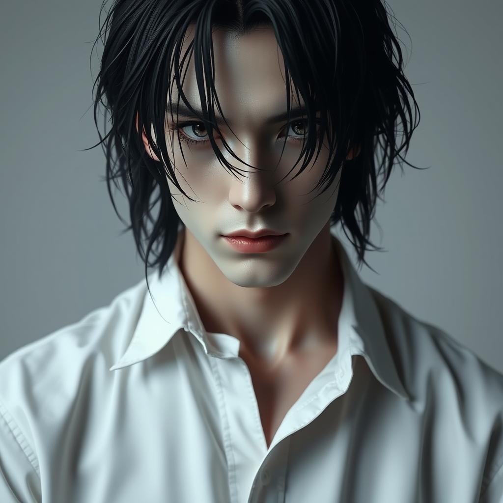 A male figure with slightly long, tangled black hair falling over his eyes