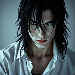 A male figure with slightly long, tangled black hair falling over his eyes