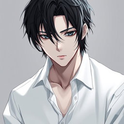 A male figure with slightly long, tangled black hair falling over his eyes