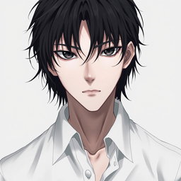 A male figure with slightly long, tangled black hair falling over his eyes