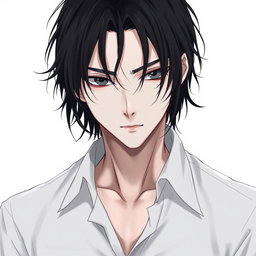 A male figure with slightly long, tangled black hair falling over his eyes