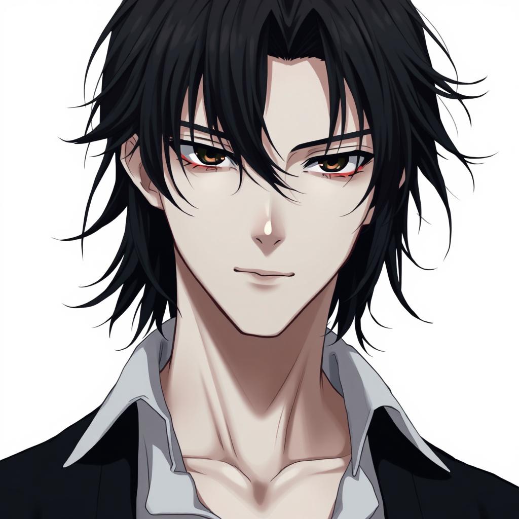 A male figure with slightly long, tangled black hair falling over his eyes