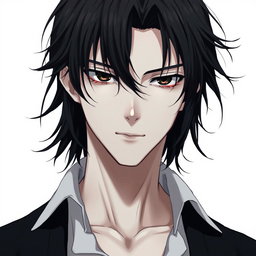 A male figure with slightly long, tangled black hair falling over his eyes