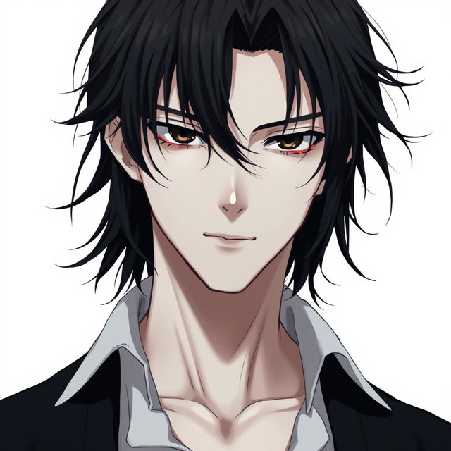 A male figure with slightly long, tangled black hair falling over his eyes