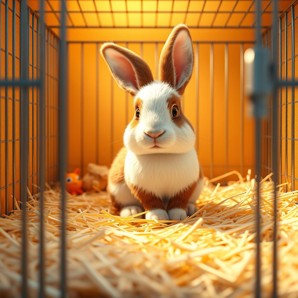 A 3D Pixar animation style image featuring a close-up of a spacious cage filled with soft straw