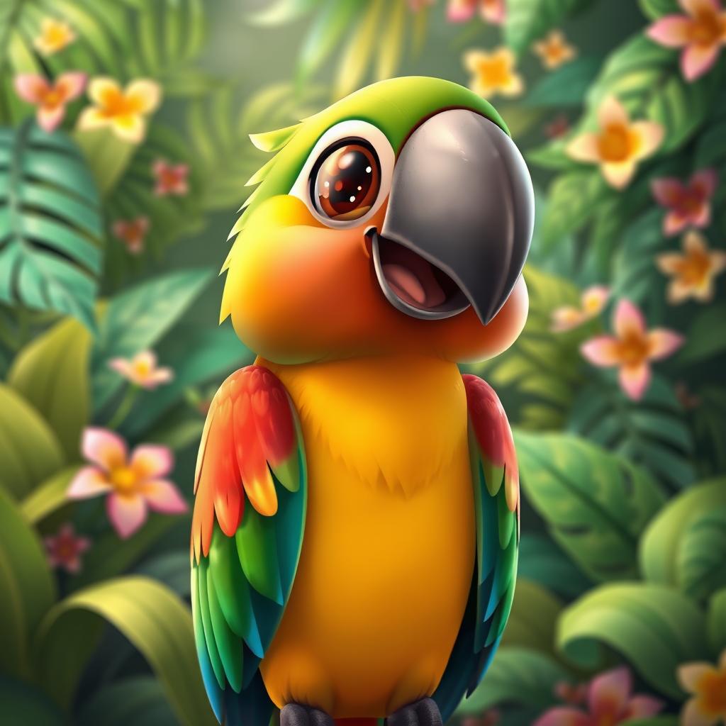 An animated illustration of a vibrant parrot facing the viewer