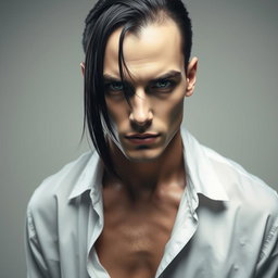 A male figure with black hair falling over his eyes