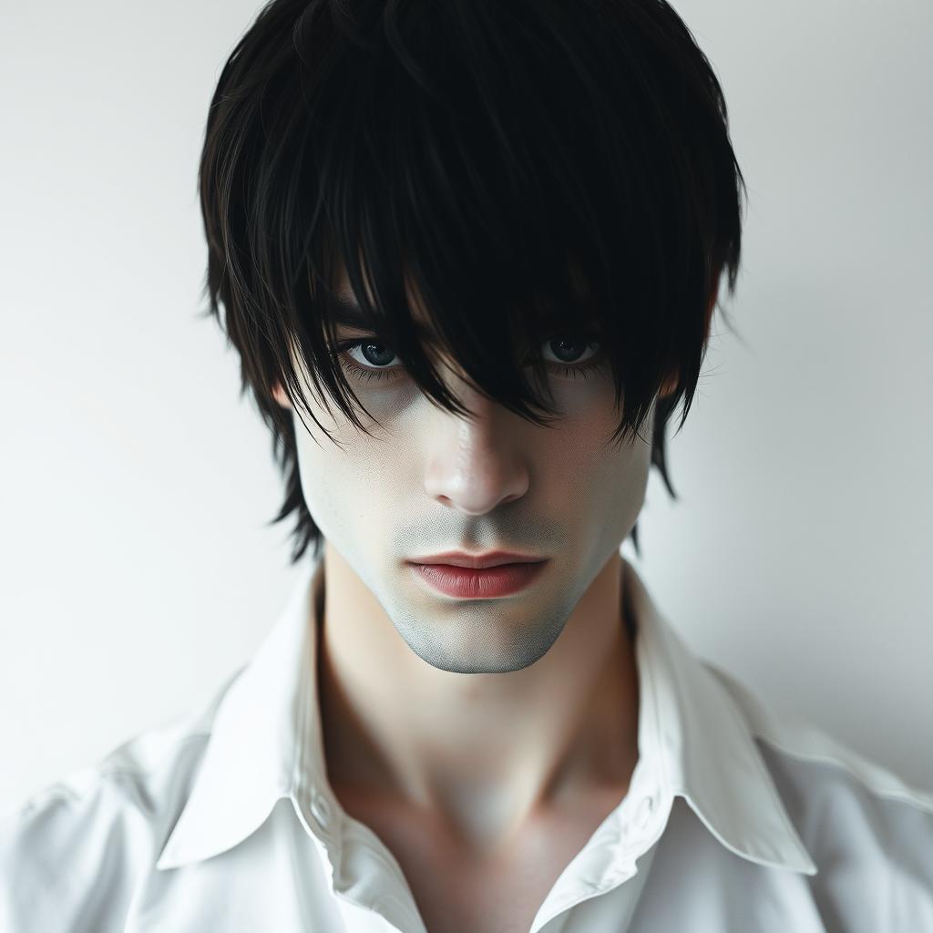 A male figure with black hair falling over his eyes