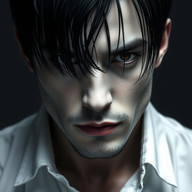 A male figure with black hair falling over his eyes