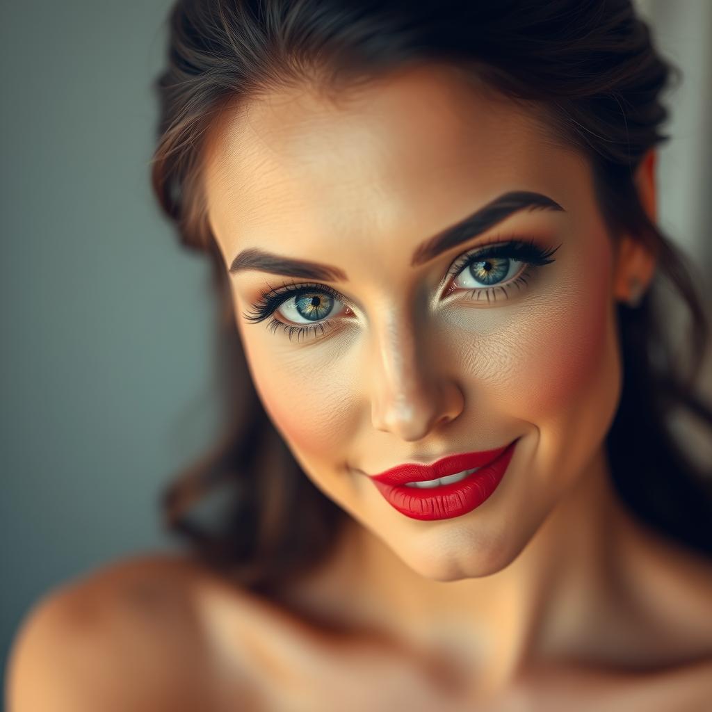A stunning portrait of a woman with a captivating gaze, showcasing beautifully applied face makeup that enhances her features