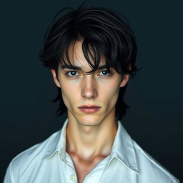 A male figure with wavy, slightly messy black hair falling over his eyes