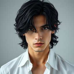 A male figure with wavy, slightly messy black hair falling over his eyes