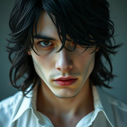 A male figure with wavy, slightly messy black hair falling over his eyes