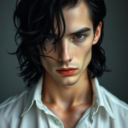 A male figure with wavy, slightly messy black hair falling over his eyes