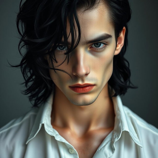 A male figure with wavy, slightly messy black hair falling over his eyes