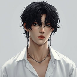 A male figure with wavy, slightly messy black hair falling over his eyes