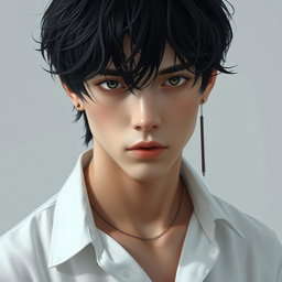 A male figure with wavy, slightly messy black hair falling over his eyes