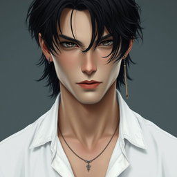 A male figure with wavy, slightly messy black hair falling over his eyes