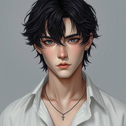 A male figure with wavy, slightly messy black hair falling over his eyes