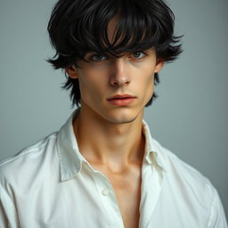 A male figure with black, wavy, slightly messy hair falling over his eyes