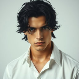 A male figure with black, wavy, slightly messy hair falling over his eyes