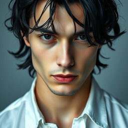 A male figure with black, wavy, slightly messy hair falling over his eyes