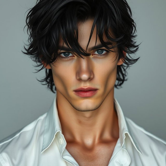 A male figure with black, wavy, slightly messy hair falling over his eyes