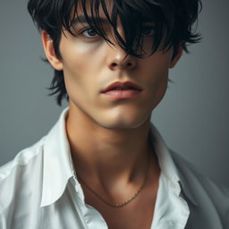 A male figure with wavy, slightly messy black hair falling over his eyes