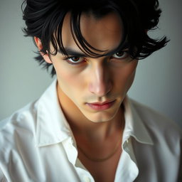 A male figure with wavy, slightly messy black hair falling over his eyes