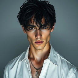 A male figure with wavy, slightly messy black hair falling over his eyes