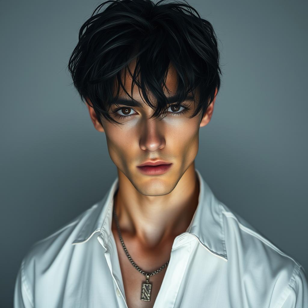 A male figure with wavy, slightly messy black hair falling over his eyes