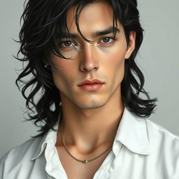 A male figure with wavy, slightly messy black hair falling over his eyes