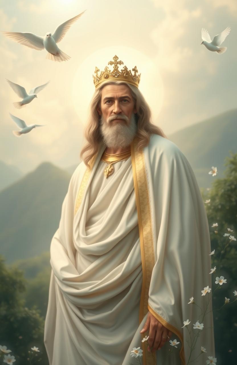 A majestic and serene portrait of a regal figure representing the Prince of Peace, surrounded by a tranquil landscape filled with soft, ethereal light