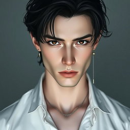 A male figure with black, wavy, slightly messy hair cascading over his eyes