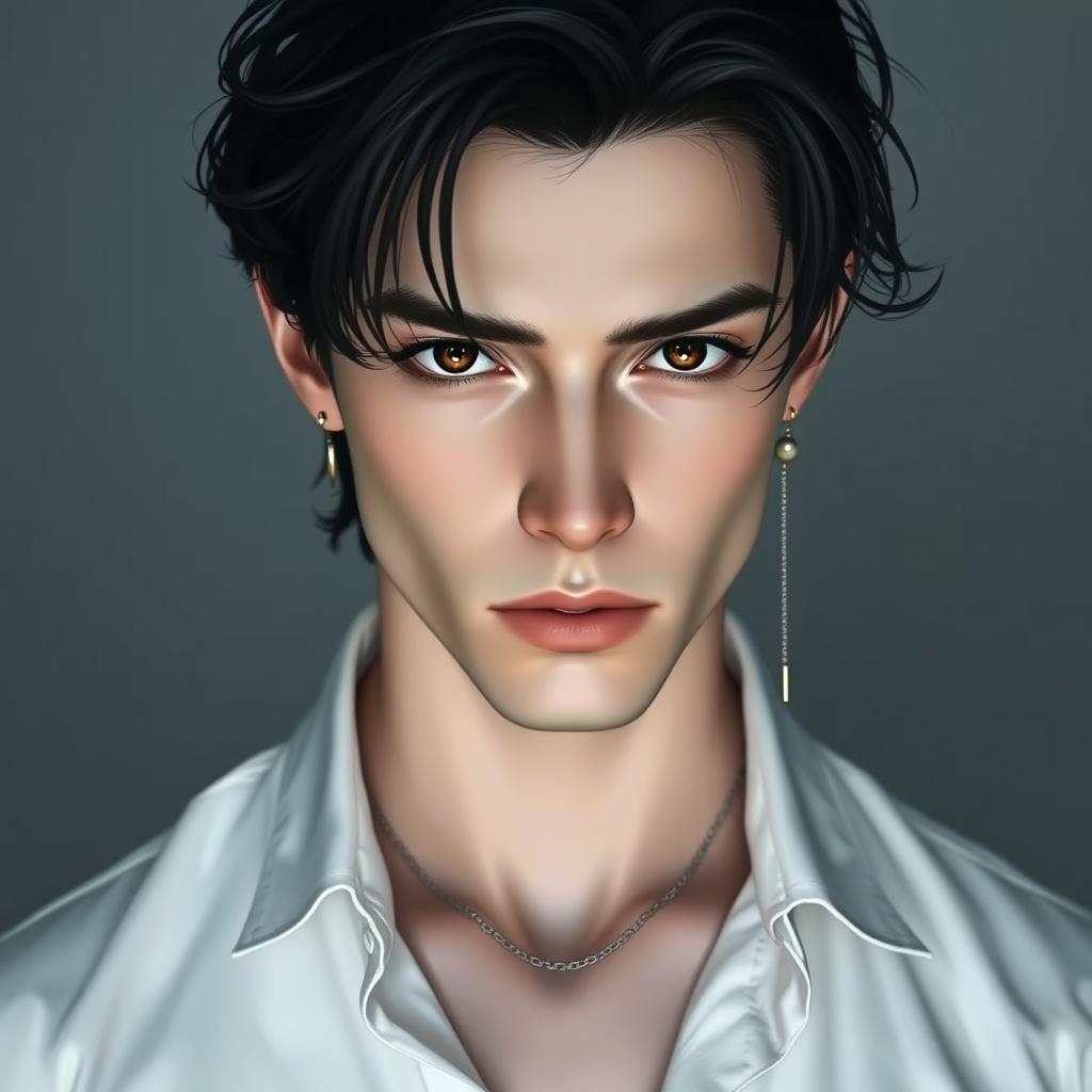 A male figure with black, wavy, slightly messy hair cascading over his eyes