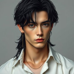 A male figure with black, wavy, slightly messy hair cascading over his eyes