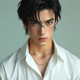 A male figure with black, wavy, slightly messy hair cascading over his eyes