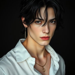 A male figure with black, wavy, slightly messy hair cascading over his eyes