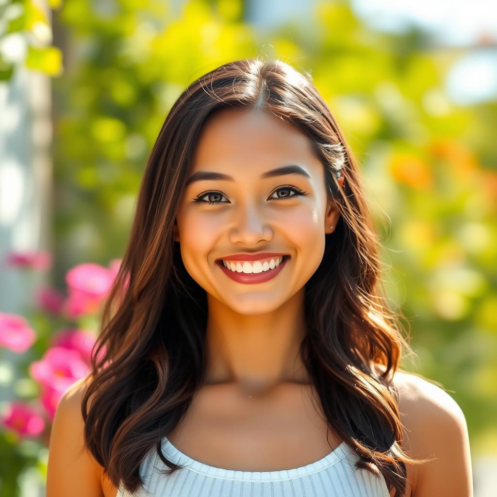 A digitally enhanced portrait of a confident person standing in a bright, cheerful outdoor setting
