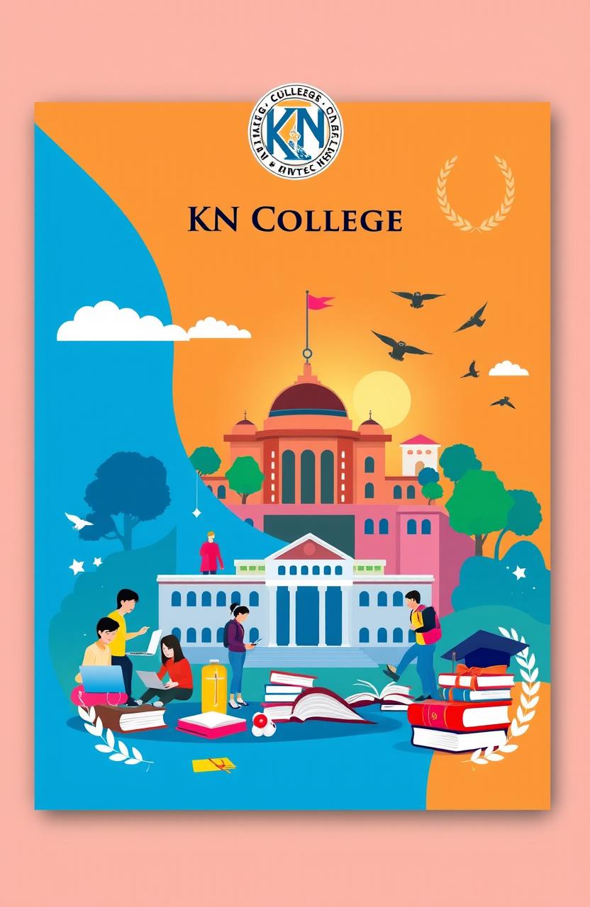 A dynamic college cover design for K N College, featuring an artistic representation of the college's iconic buildings and vibrant campus life