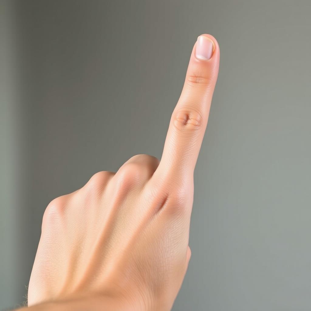 A close-up photo of a human hand positioned in front of the camera, with the thumb prominently raised and pointing upwards on the right side
