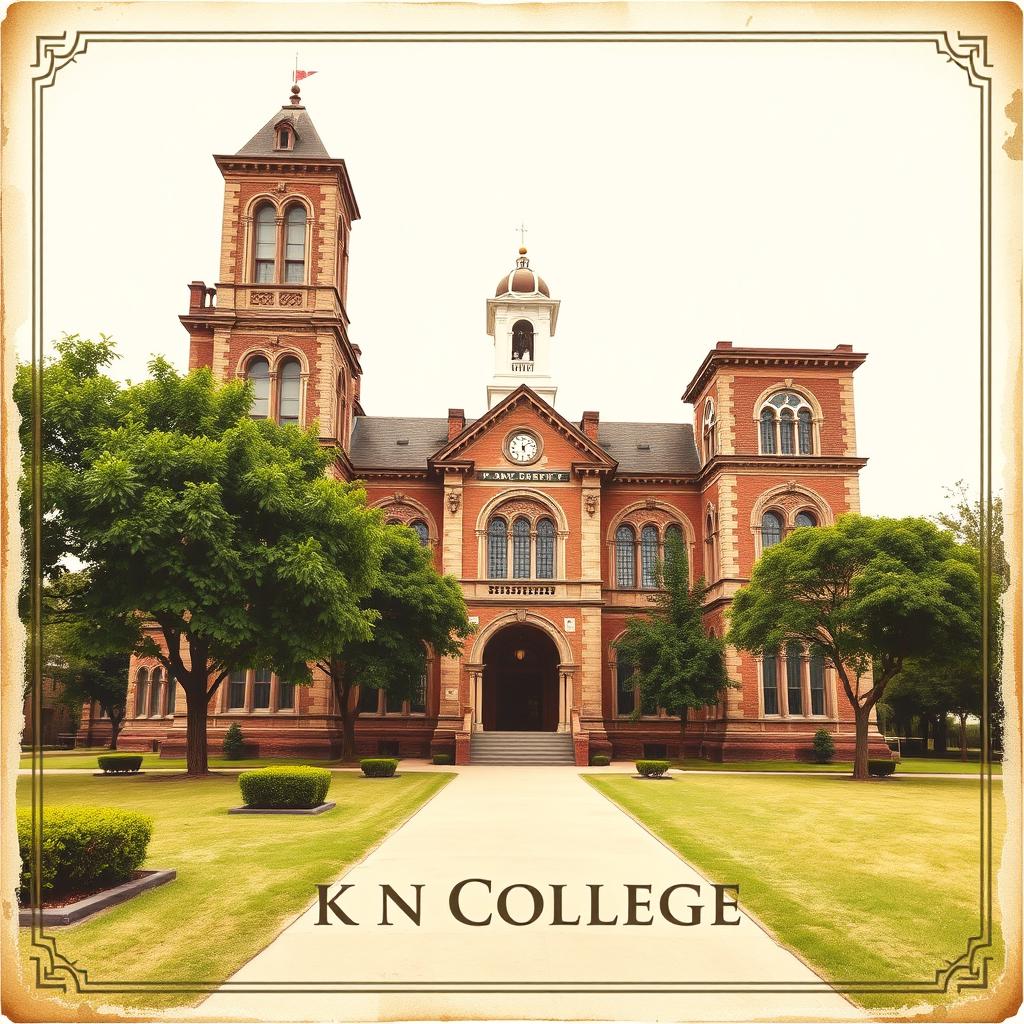 A vintage cover design featuring the old building of K N College, showcasing its historical architecture with intricate details