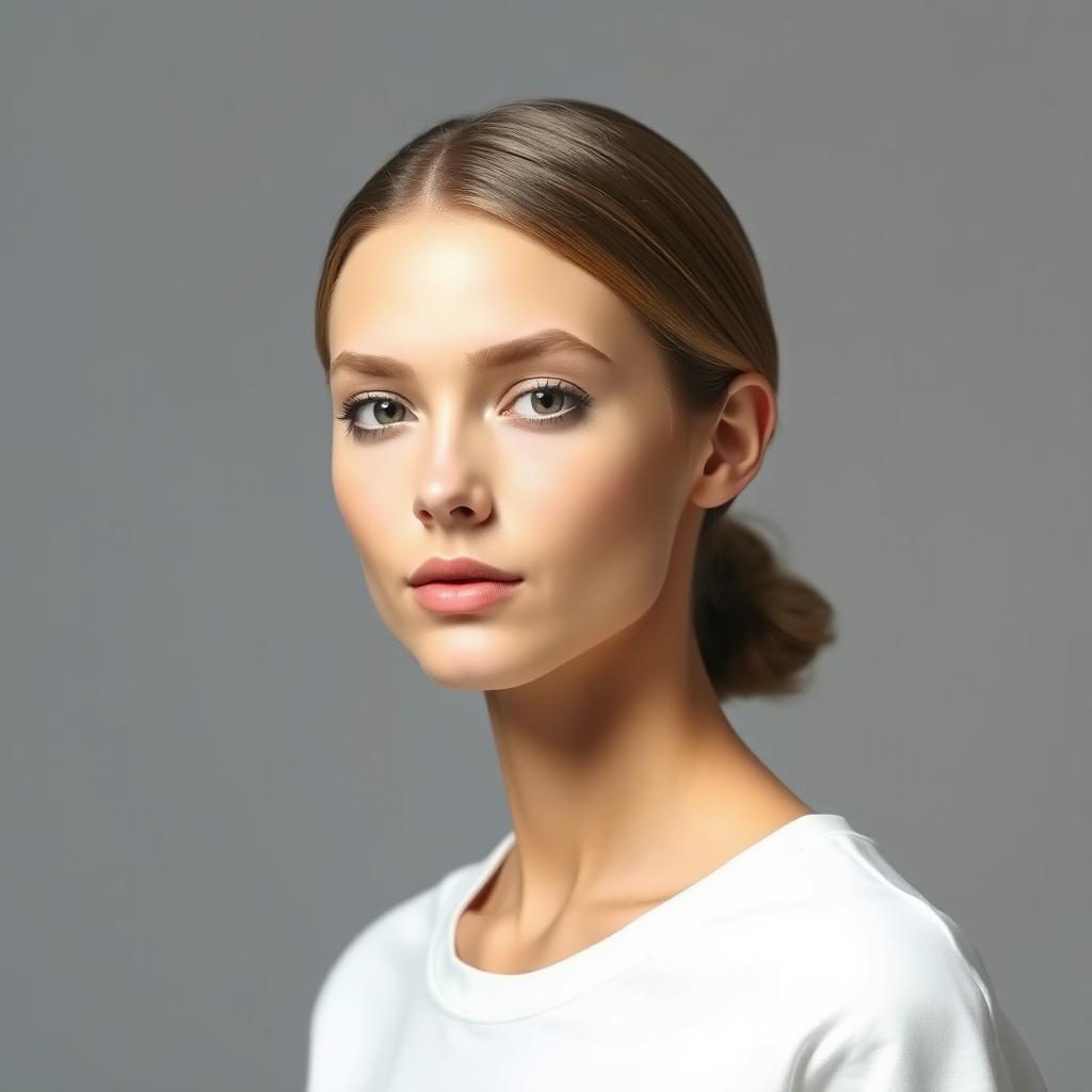 A portrait of a model with a clean, low bun hairstyle, wearing a rounded neck white t-shirt
