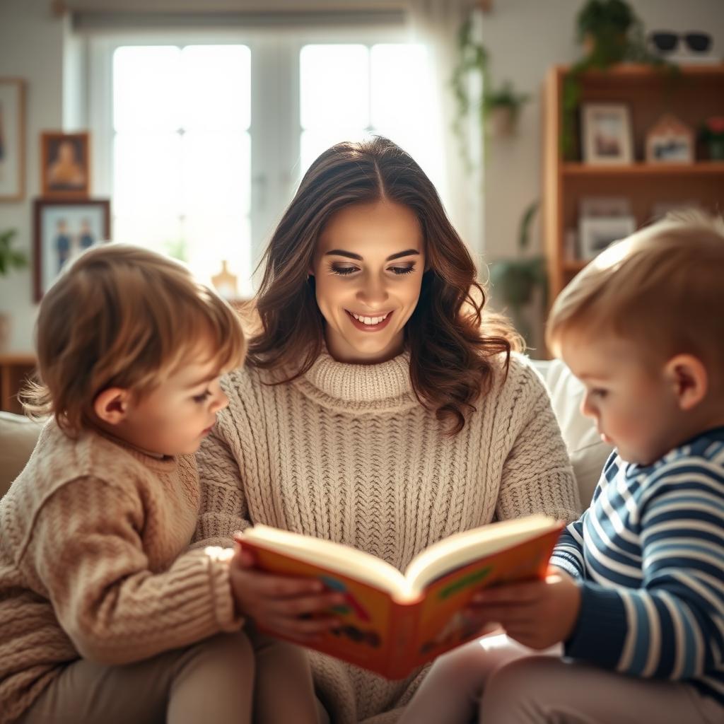 A nurturing and caring maternal figure, wearing a cozy knitted sweater, with gentle eyes full of warmth, surrounded by a bright and cheerful living room setting decorated with family photos and plants