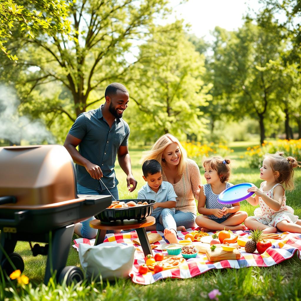 A warm, loving scene of an interracial family enjoying a picnic in a sunlit park