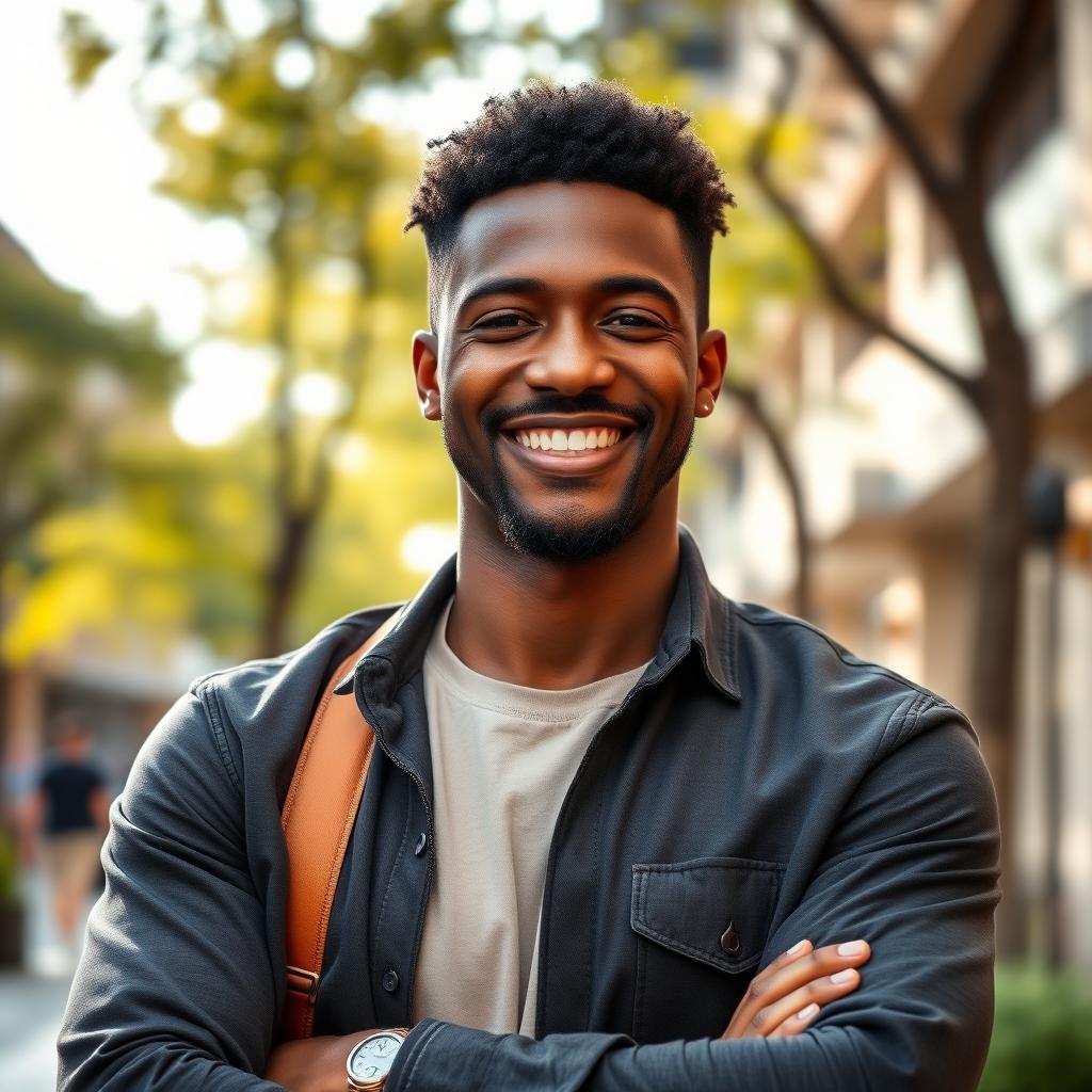 A portrait of a confident black man smiling warmly, with short curly hair, wearing a stylish, casual outfit
