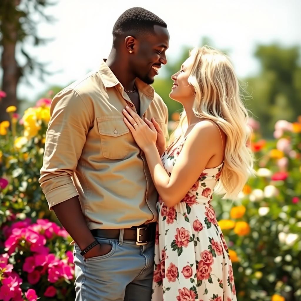 A tall black man and a blonde white woman deeply in love, their eyes locked in a passionate gaze