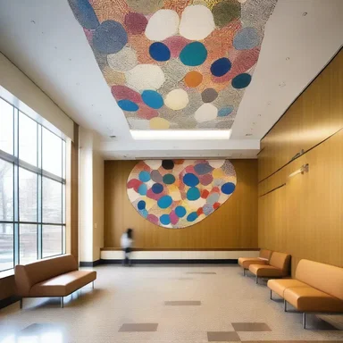 The sleek and modern waiting room of the hospital features an artistic display depicting the cells affected by alveolar rhabdomyosarcoma.