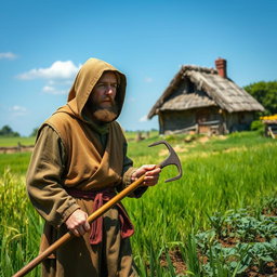 A detailed depiction of a medieval peasant in a vibrant green countryside, wearing weathered yet sturdy clothing typical of the 14th century