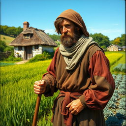 A detailed depiction of a medieval peasant in a vibrant green countryside, wearing weathered yet sturdy clothing typical of the 14th century